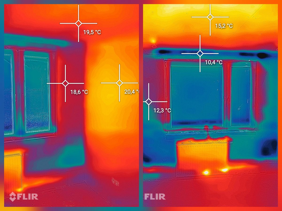 Două termograme ale unei camere de locuit, alăturate. Dreapta: puncte de măsurare reci, cu 15,2, 10,4 și 12,3 grade la perete și la buiandrugul ferestrei, stânga: același loc, cu 19,5, 18,6 și 20,4 grade.